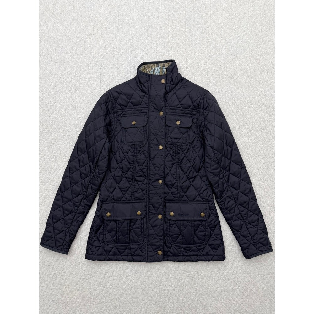 Barbour Ruskin Quilted Jacket Navy Blue William Morris Floral Lining Womens US 6